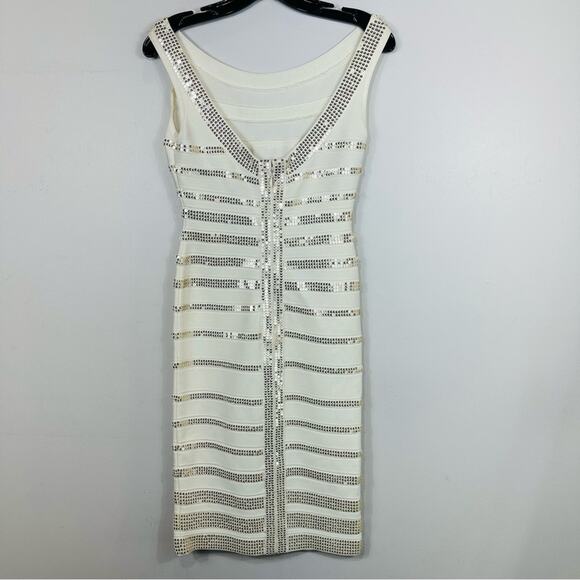 Herve Leger Fatima Gold Sequin Striped Bandage Dress White Alabaster Combo Small - Picture 4 of 16